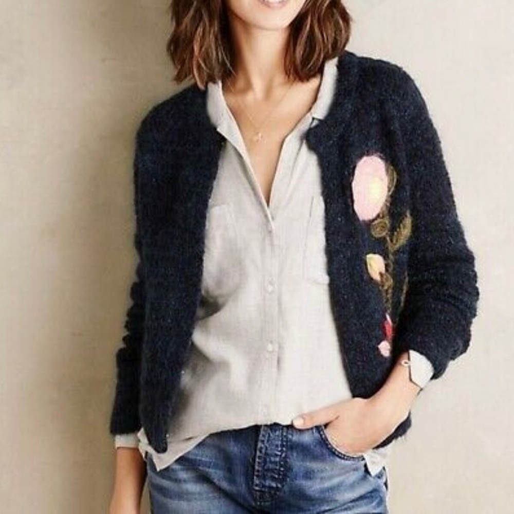Anthro Moth Floral Embroidered Navy Wool Vertical Garden Sweater Jacket XS